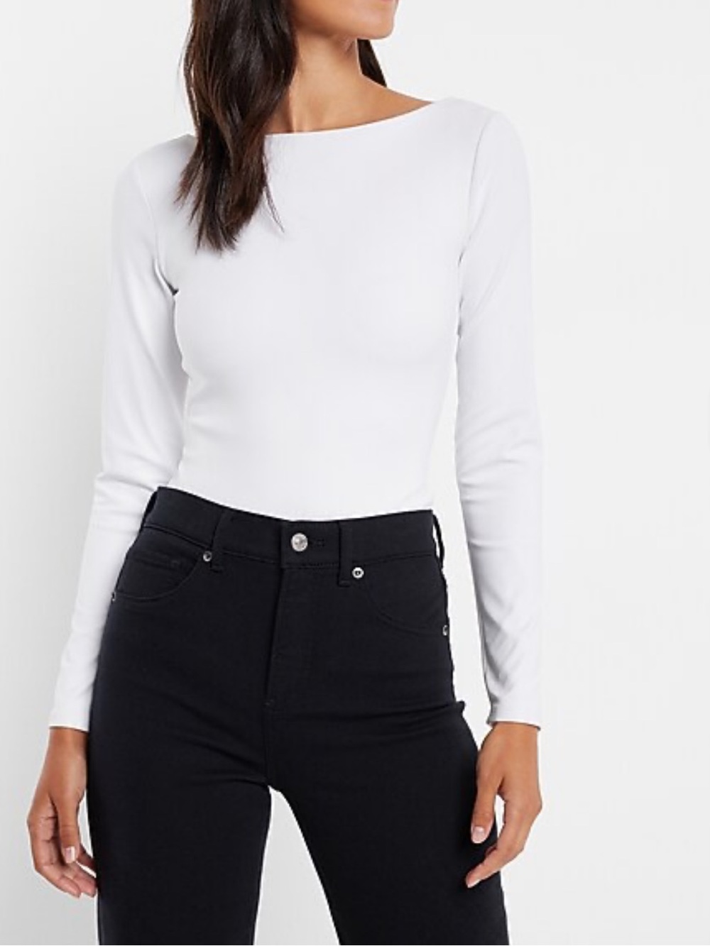 Express Body Contour Long Sleeve Scoop Back Black Bodysuit